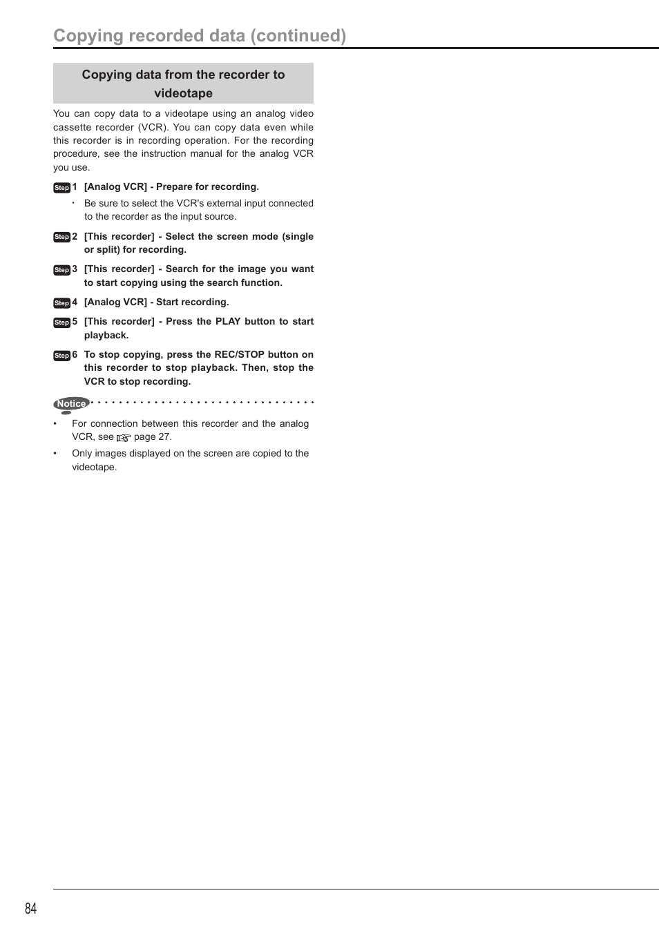 Copying recorded data (continued), Copying data from the recorder to videotape | MITSUBISHI ELECTRIC DX-TL5716U User Manual | Page 88 / 144