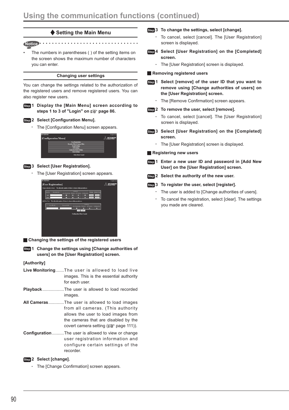 Using the communication functions (continued), Setting the main menu | MITSUBISHI ELECTRIC DX-TL5716U User Manual | Page 94 / 144