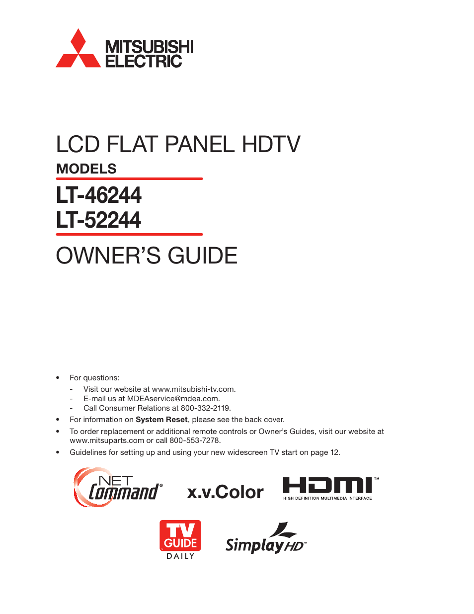 MITSUBISHI ELECTRIC LT-52244 User Manual | 88 pages