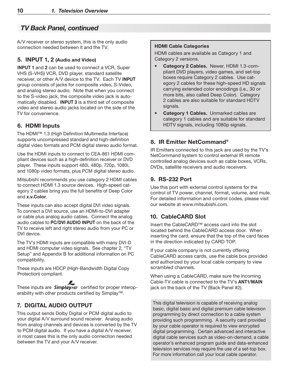 Tv back panel, continued | MITSUBISHI ELECTRIC LT-52244 User Manual | Page 10 / 88