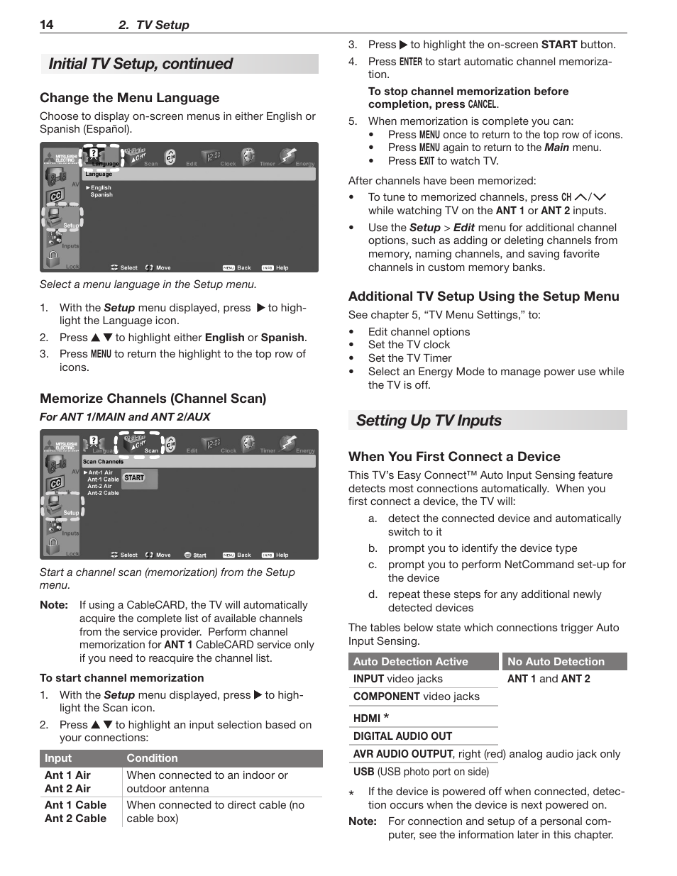 Setting up tv inputs, Initial tv setup, continued | MITSUBISHI ELECTRIC LT-52244 User Manual | Page 14 / 88