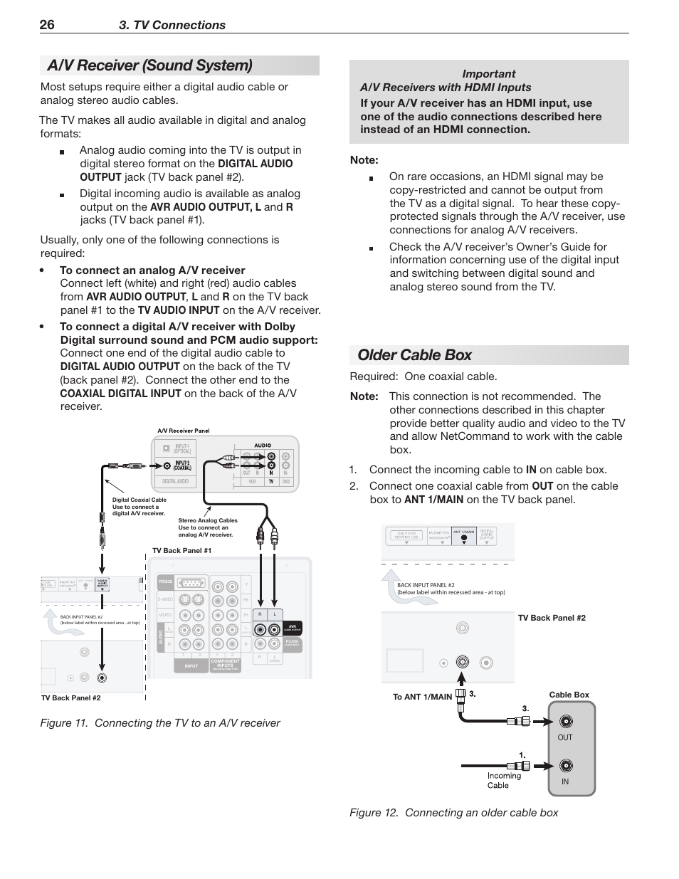 A/v receiver (sound system), Older cable box, Tv connections | Figure 12. connecting an older cable box | MITSUBISHI ELECTRIC LT-52244 User Manual | Page 26 / 88