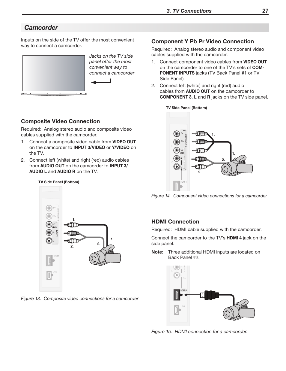 Camcorder, 27 composite video connection, Hdmi connection | Component y pb pr video connection | MITSUBISHI ELECTRIC LT-52244 User Manual | Page 27 / 88