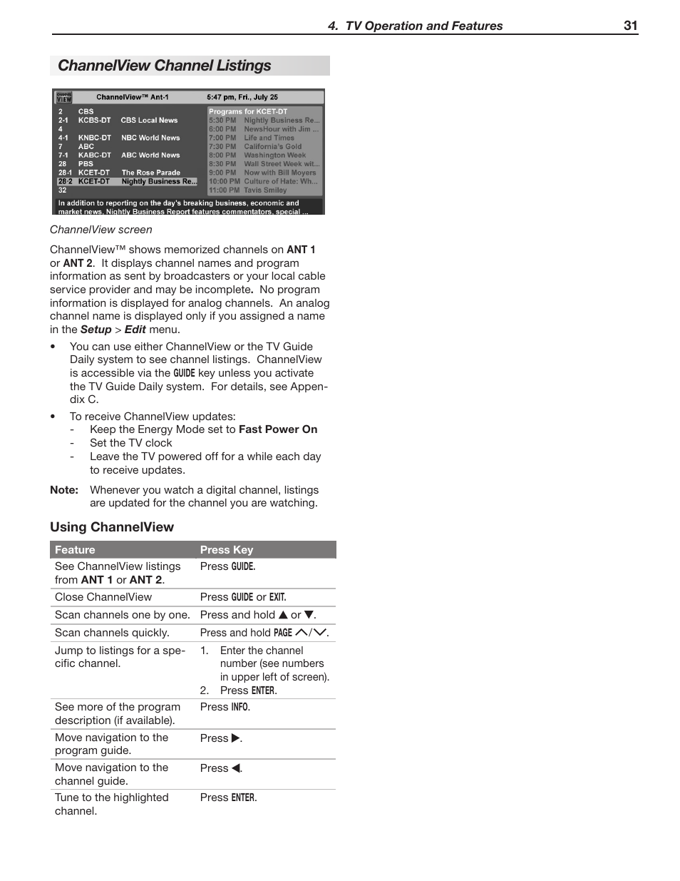 Channelview channel listings | MITSUBISHI ELECTRIC LT-52244 User Manual | Page 31 / 88