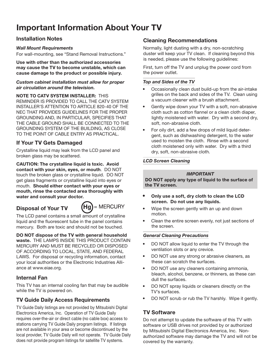 Important information about your tv, Installation notes, Tv guide daily access requirements | General warnings and cautions, notes on, Installation and operation | MITSUBISHI ELECTRIC LT-52244 User Manual | Page 4 / 88