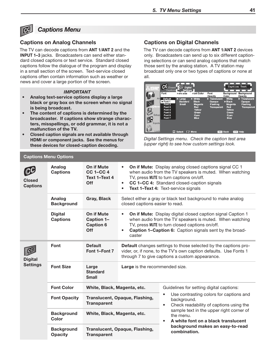 Captions menu | MITSUBISHI ELECTRIC LT-52244 User Manual | Page 41 / 88