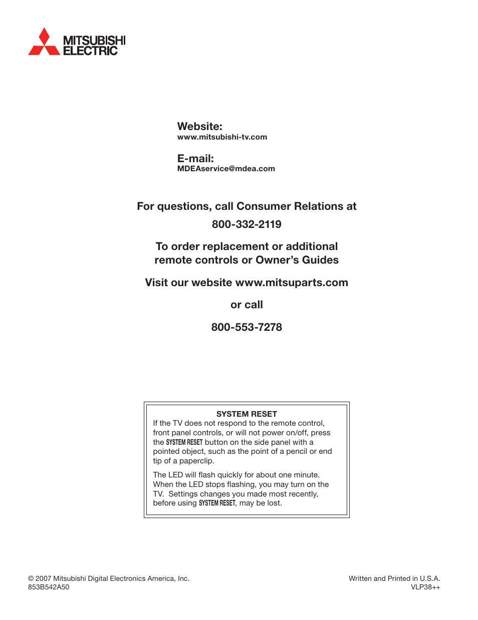 Website, E-mail | MITSUBISHI ELECTRIC LT-52244 User Manual | Page 88 / 88