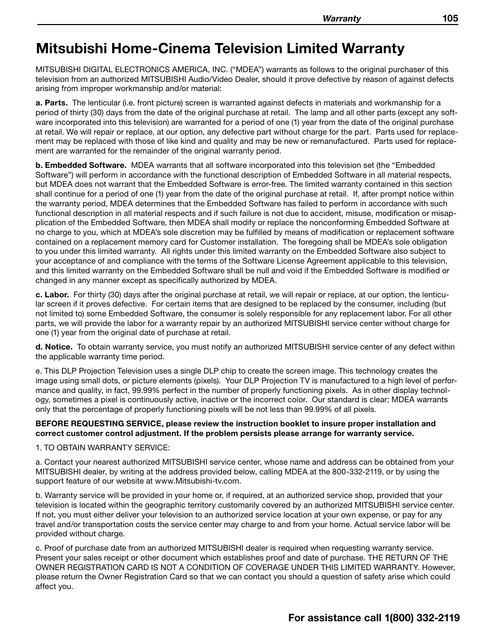 Warranty, Mitsubishi home-cinema television limited warranty | MITSUBISHI ELECTRIC 838 SERIES User Manual | Page 105 / 110