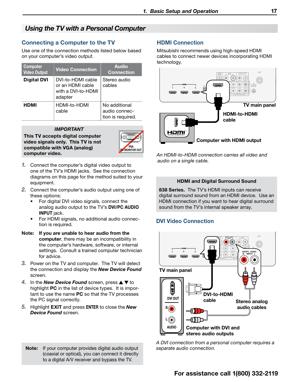 Using the tv with a personal computer, Connecting a computer to the tv, Hdmi connection | Dvi video connection, Basic setup and operation | MITSUBISHI ELECTRIC 838 SERIES User Manual | Page 17 / 110