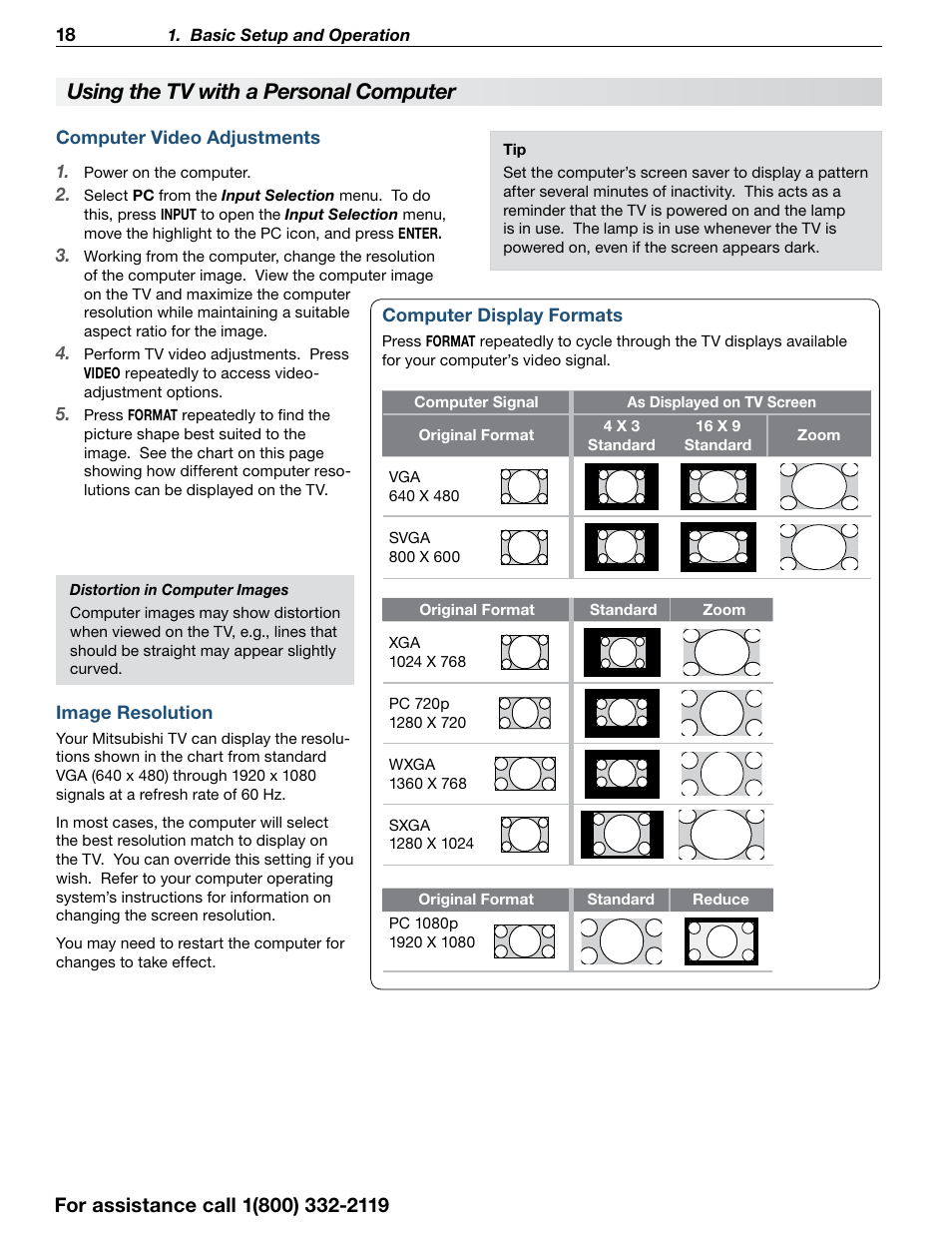 Using the tv with a personal computer | MITSUBISHI ELECTRIC 838 SERIES User Manual | Page 18 / 110