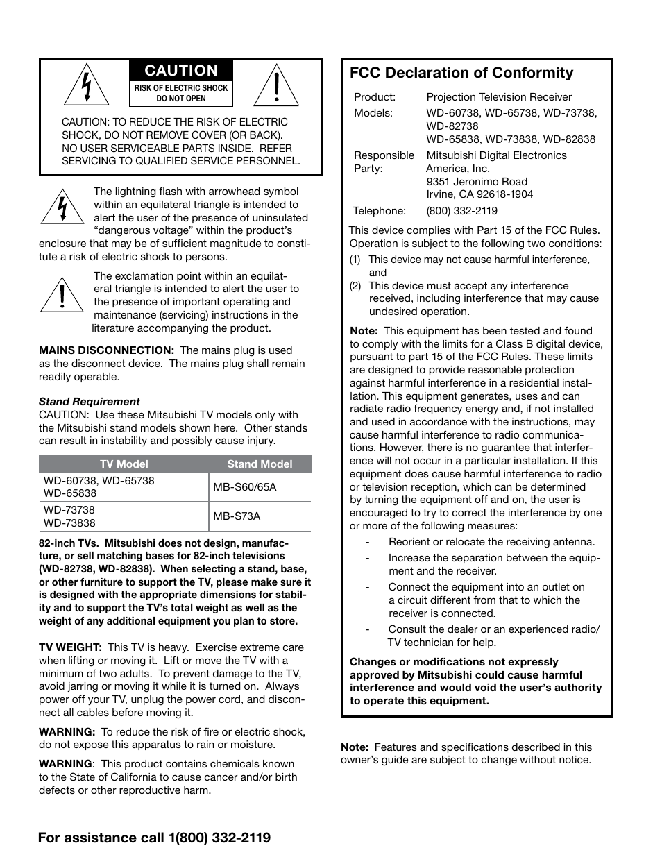 Fcc declaration of conformity, Caution | MITSUBISHI ELECTRIC 838 SERIES User Manual | Page 2 / 110