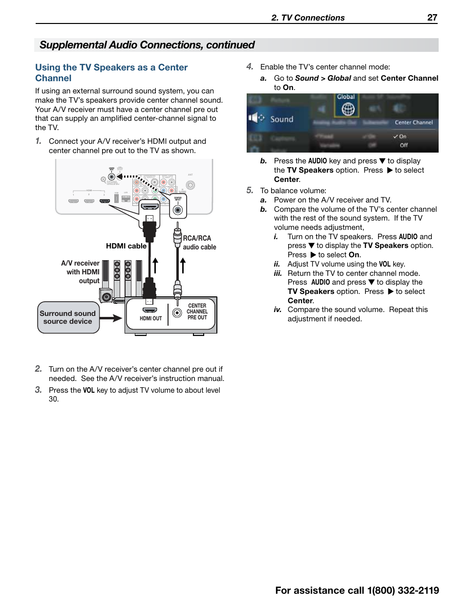 Supplemental audio connections, continued, Using the tv speakers as a center channel, Tv connections | MITSUBISHI ELECTRIC 838 SERIES User Manual | Page 27 / 110