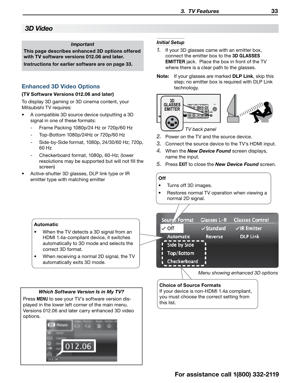 3d video, Enhanced 3d video options, Tv features | 12 3 hdmi, 3d glasses emitter, Tv back panel, Power on the tv and the source device, Connect the source device to the tv’s hdmi input | MITSUBISHI ELECTRIC 838 SERIES User Manual | Page 33 / 110