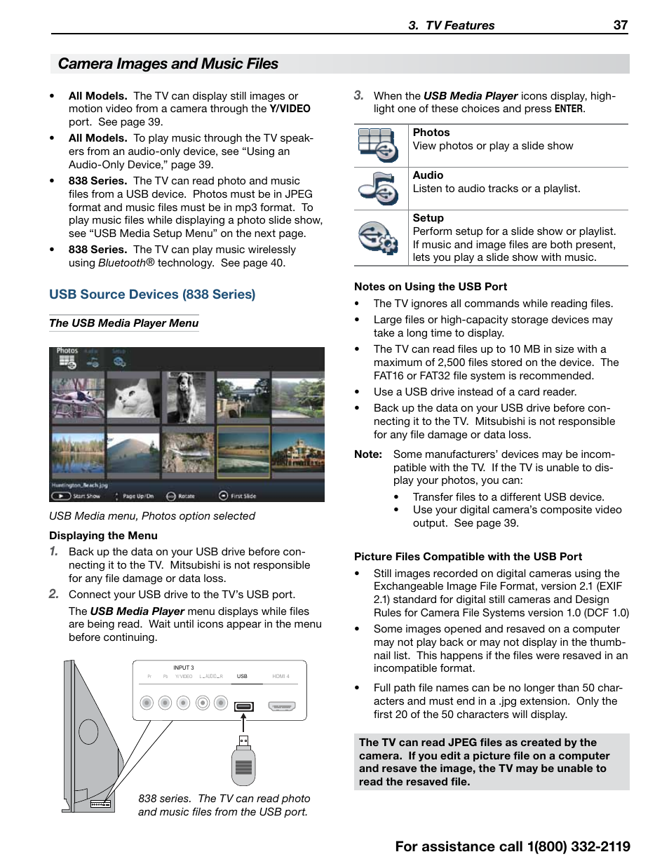 Camera images and music files, Usb source devices (838 series) | MITSUBISHI ELECTRIC 838 SERIES User Manual | Page 37 / 110