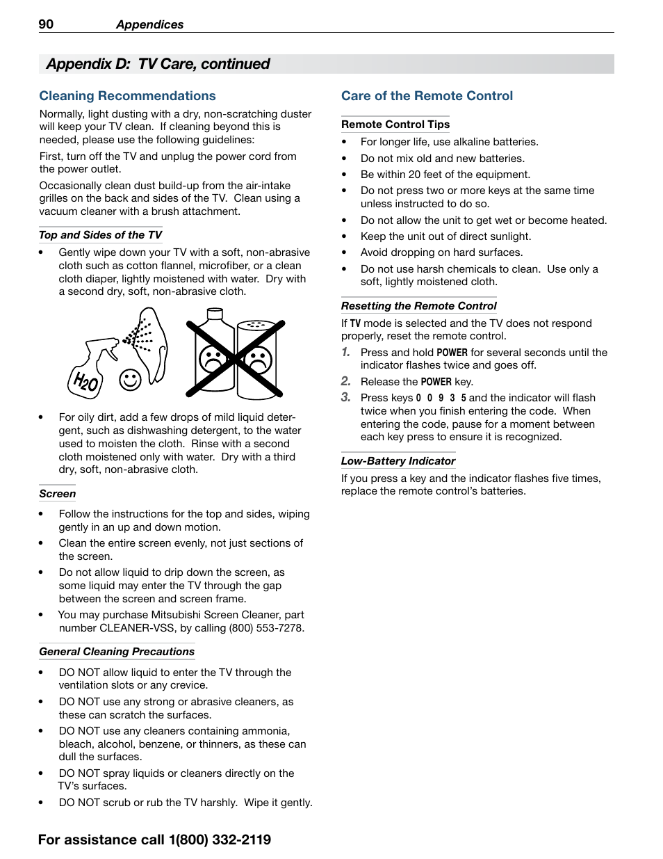 Cleaning recommendations, Care of the remote control, Appendix d: tv care, continued | MITSUBISHI ELECTRIC 838 SERIES User Manual | Page 90 / 110
