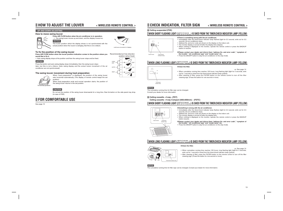 How to adjust the louver, For comfortable use, Check indication, filter sign | Wireless remote control | MITSUBISHI ELECTRIC PSA012B722 User Manual | Page 14 / 18