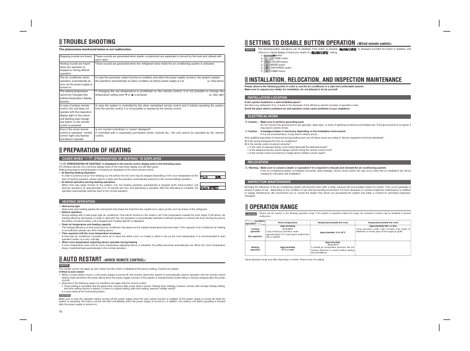 Preparation of heating, Auto restart, Setting to disable button operation | Operation range, Trouble shooting | MITSUBISHI ELECTRIC PSA012B722 User Manual | Page 17 / 18