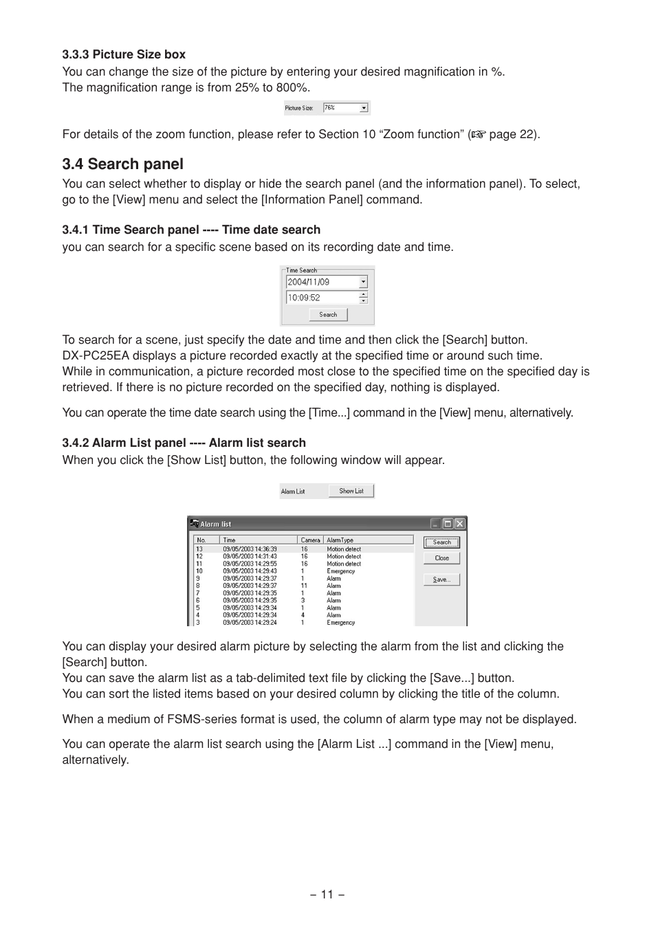 3 picture size box, 4 search panel, 1 time search panel ---- time date search | 2 alarm list panel ---- alarm list search | MITSUBISHI ELECTRIC DX-PC25EA User Manual | Page 11 / 49