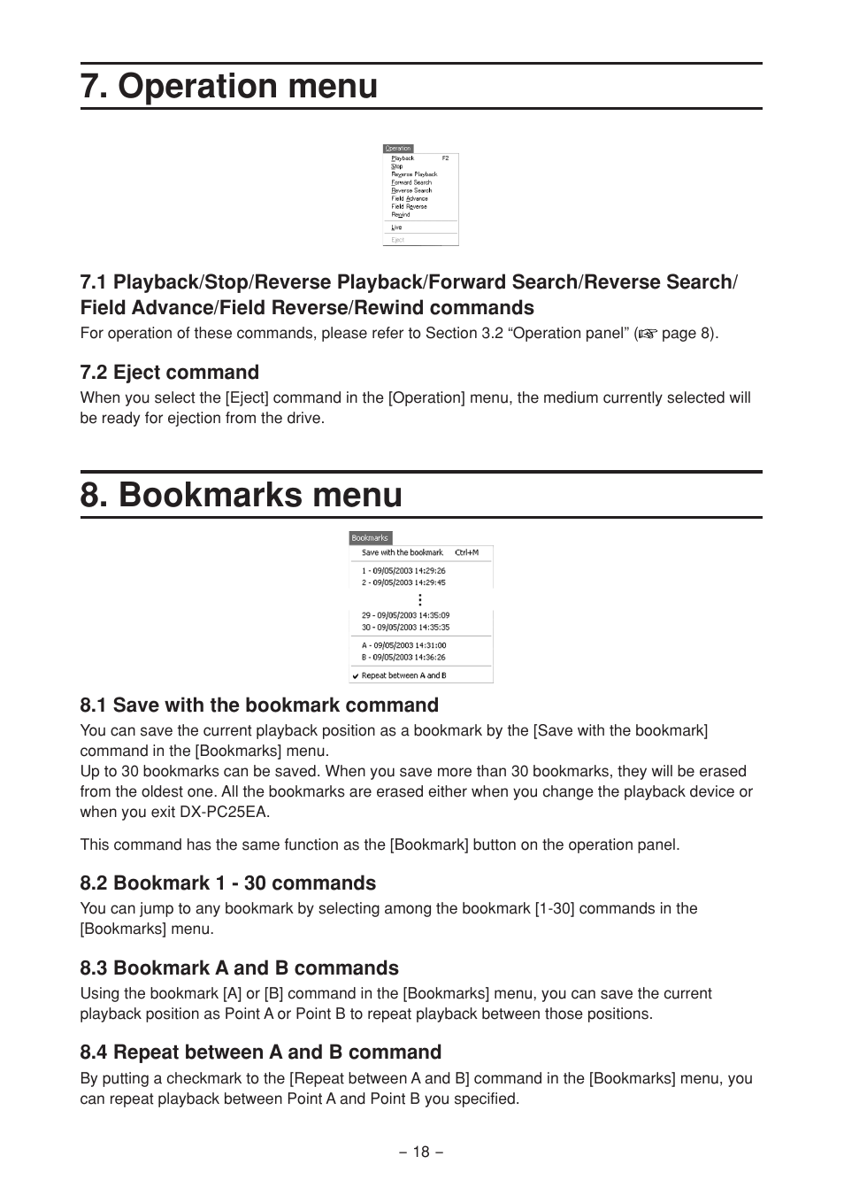 Operation menu, 2 eject command, Bookmarks menu | 1 save with the bookmark command, 2 bookmark 1 - 30 commands, 3 bookmark a and b commands, 4 repeat between a and b command | MITSUBISHI ELECTRIC DX-PC25EA User Manual | Page 18 / 49