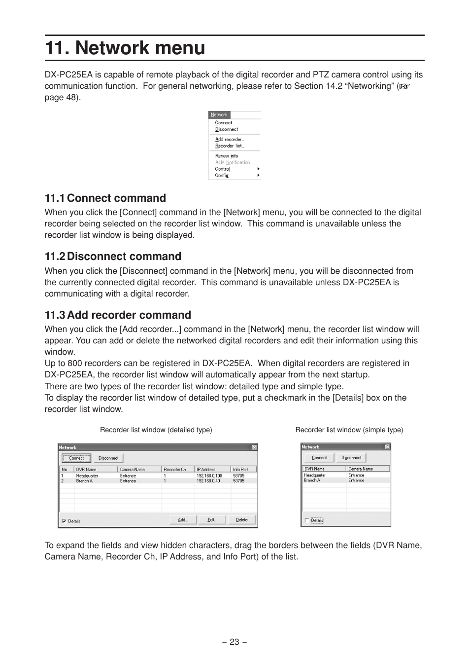 Network menu, 1 connect command, 2 disconnect command | 3 add recorder command | MITSUBISHI ELECTRIC DX-PC25EA User Manual | Page 23 / 49