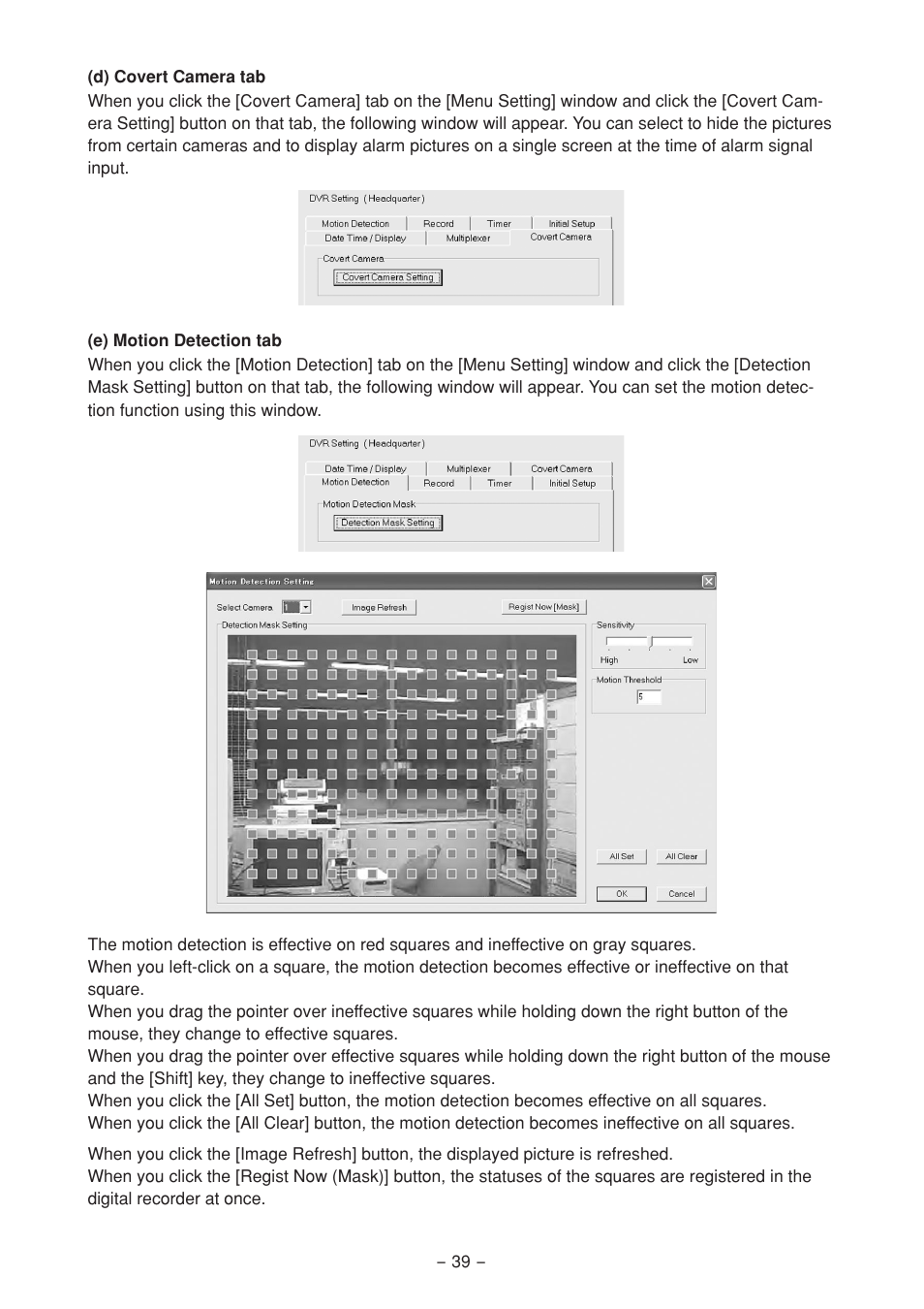 D) covert camera tab, E) motion detection tab | MITSUBISHI ELECTRIC DX-PC25EA User Manual | Page 39 / 49