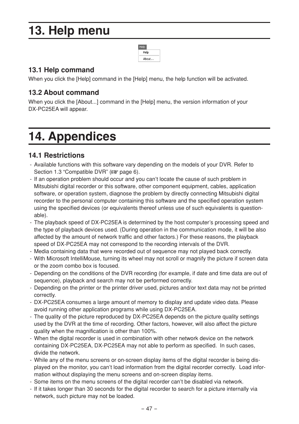 Help menu, 1 help command, 2 about command | Appendices, 1 restrictions | MITSUBISHI ELECTRIC DX-PC25EA User Manual | Page 47 / 49