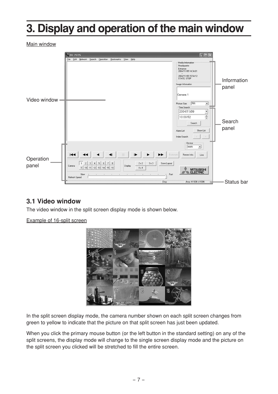 Display and operation of the main window, 1 video window | MITSUBISHI ELECTRIC DX-PC25EA User Manual | Page 7 / 49