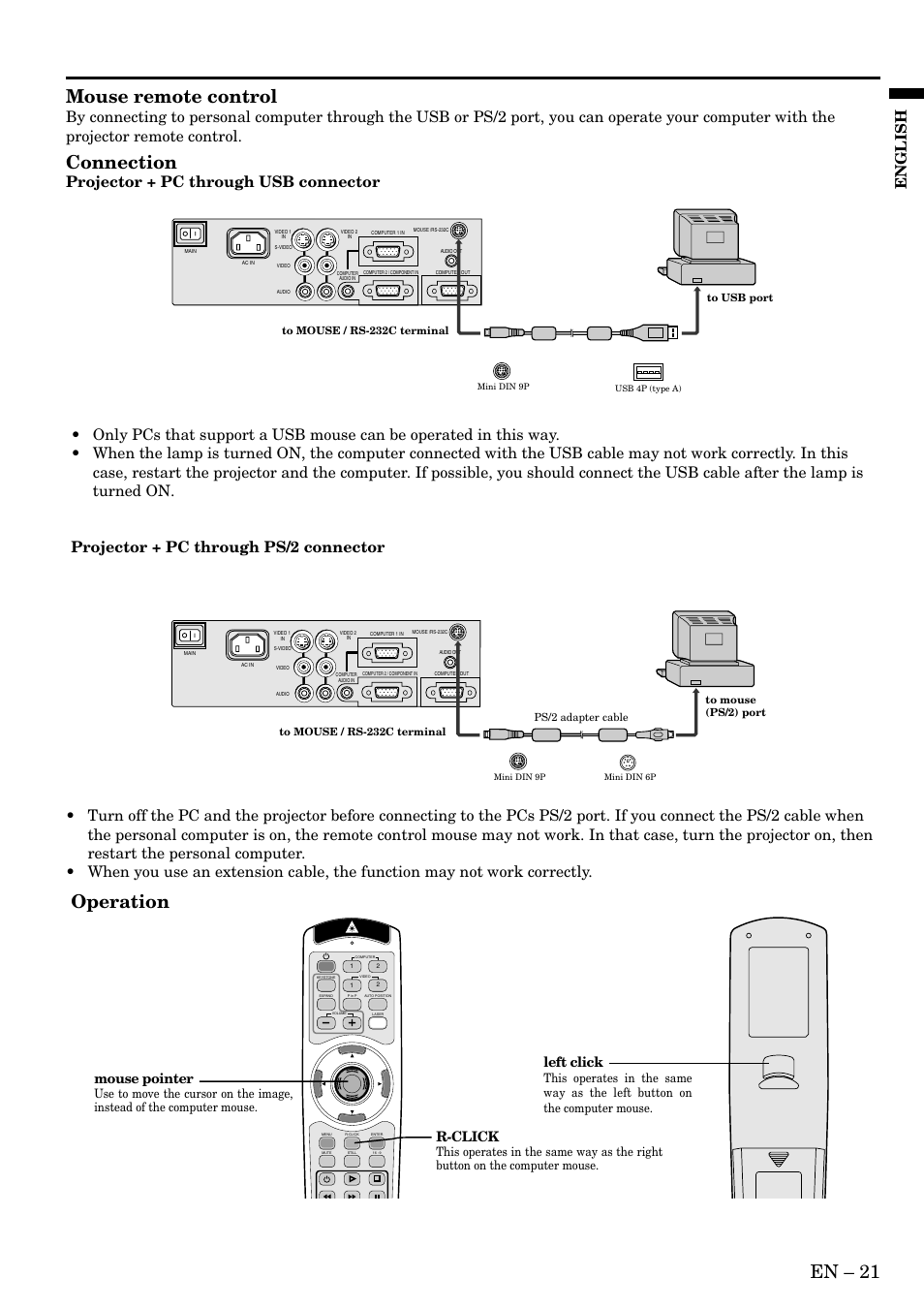 En – 21, Mouse remote control, Connection | Operation, English, Projector + pc through usb connector, R-click, Mouse pointer, Left click | MITSUBISHI ELECTRIC XD300U User Manual | Page 21 / 34