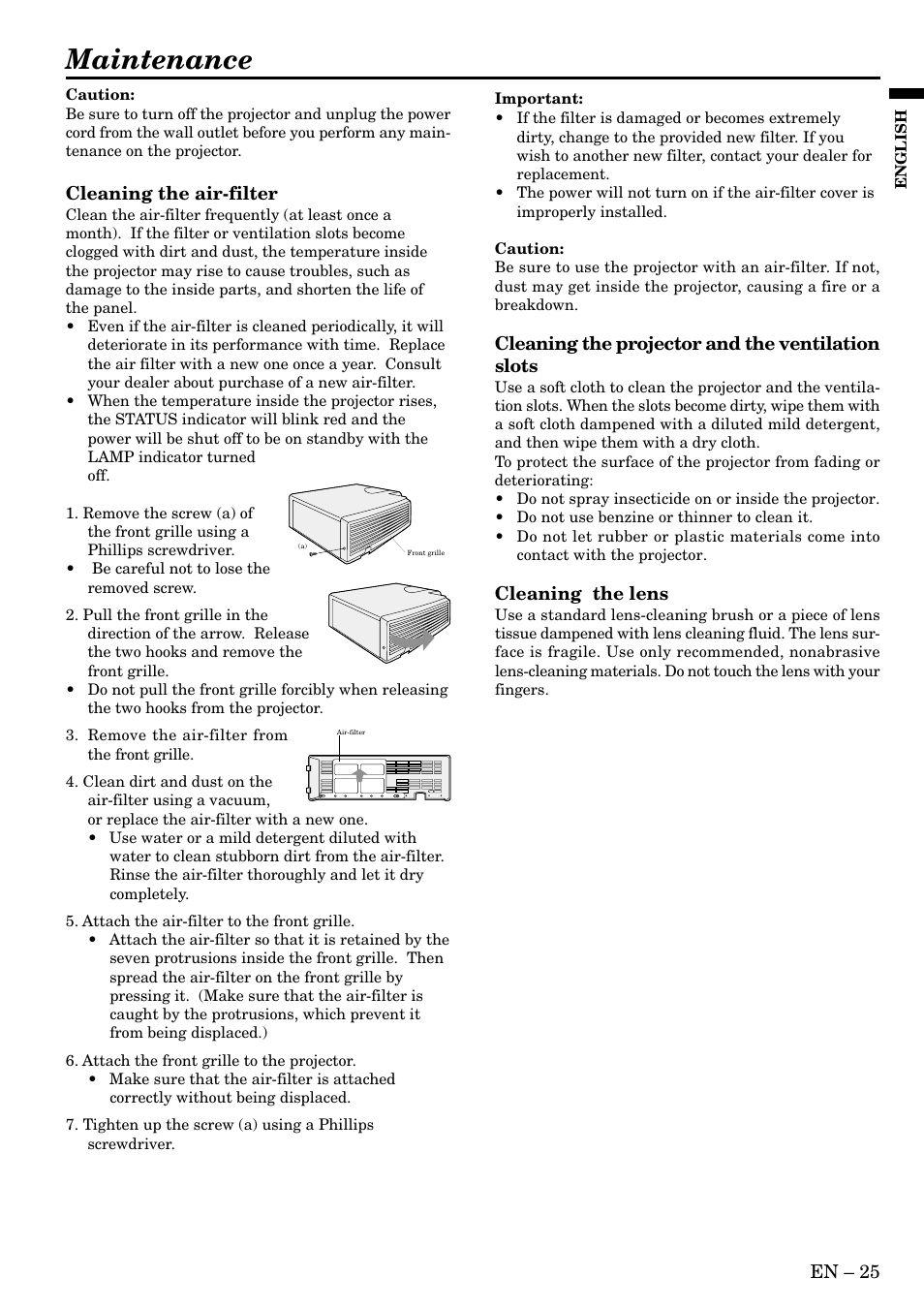 Maintenance | MITSUBISHI ELECTRIC XD300U User Manual | Page 25 / 34