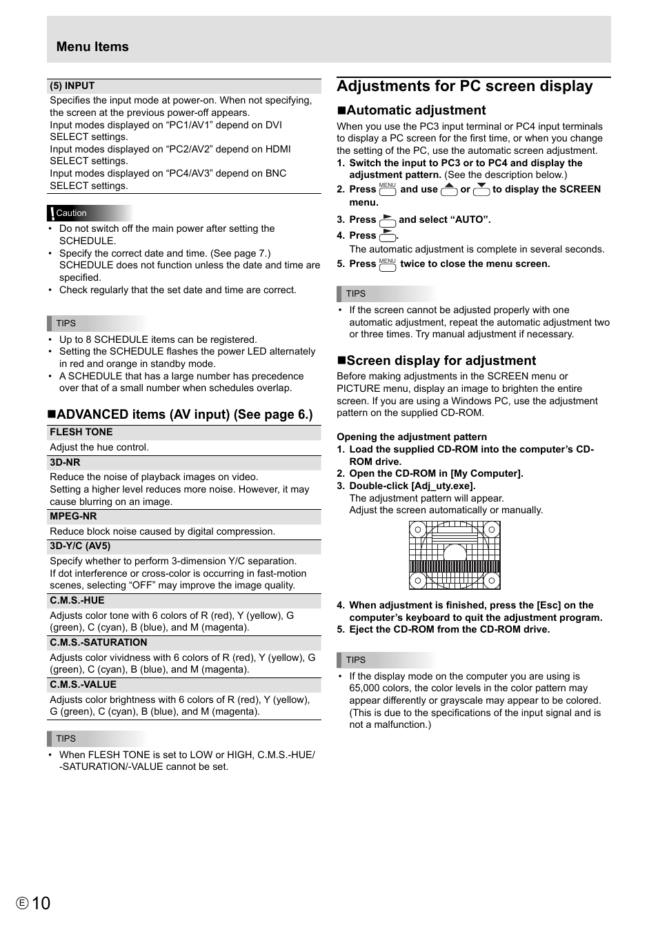 Adjustments for pc screen display, Menu items, Advanced items (av input) (see page 6.) | Automatic adjustment, Screen display for adjustment | MITSUBISHI ELECTRIC LDT521V User Manual | Page 10 / 30