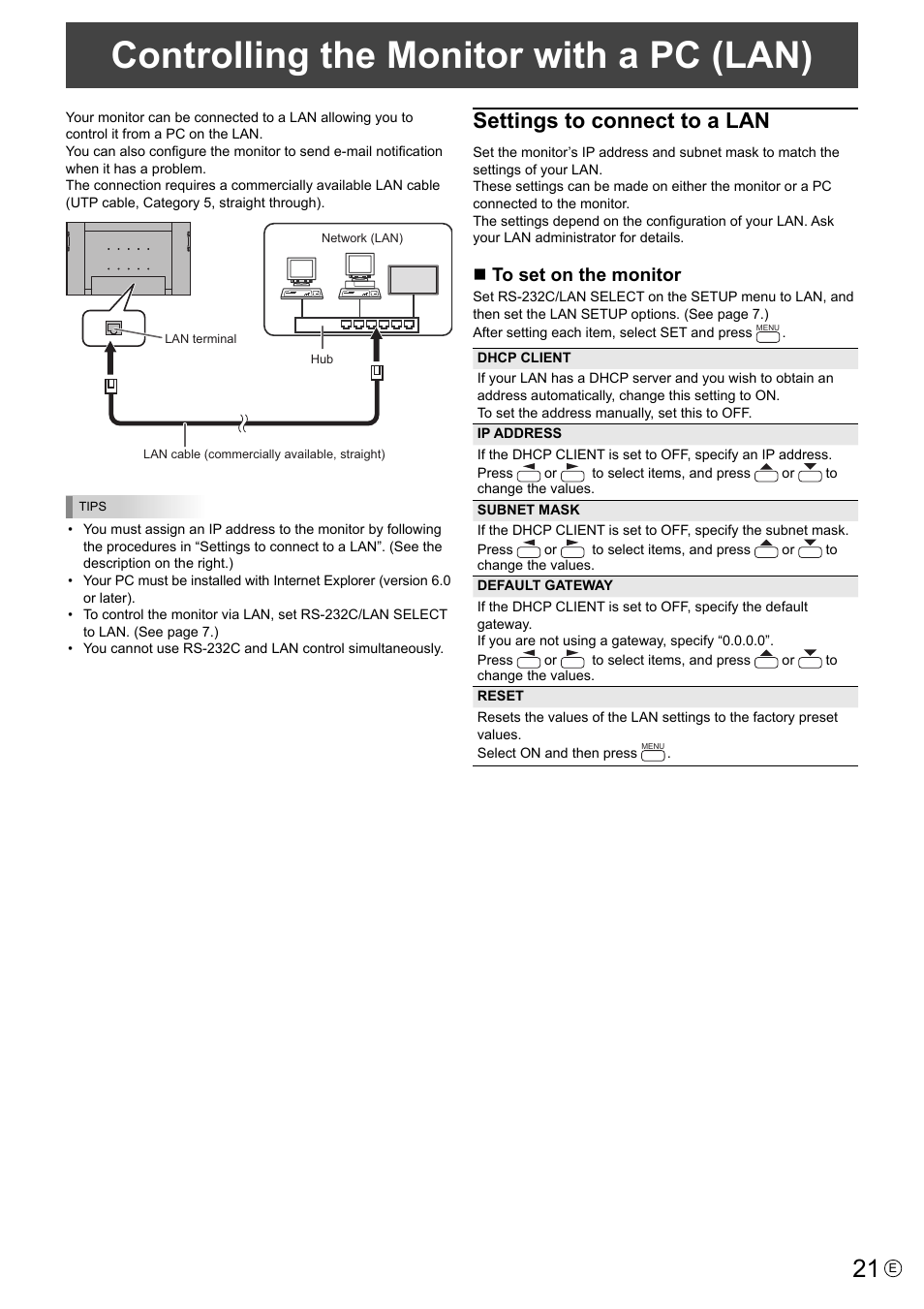 Controlling the monitor with a pc (lan), Settings to connect to a lan | MITSUBISHI ELECTRIC LDT521V User Manual | Page 21 / 30