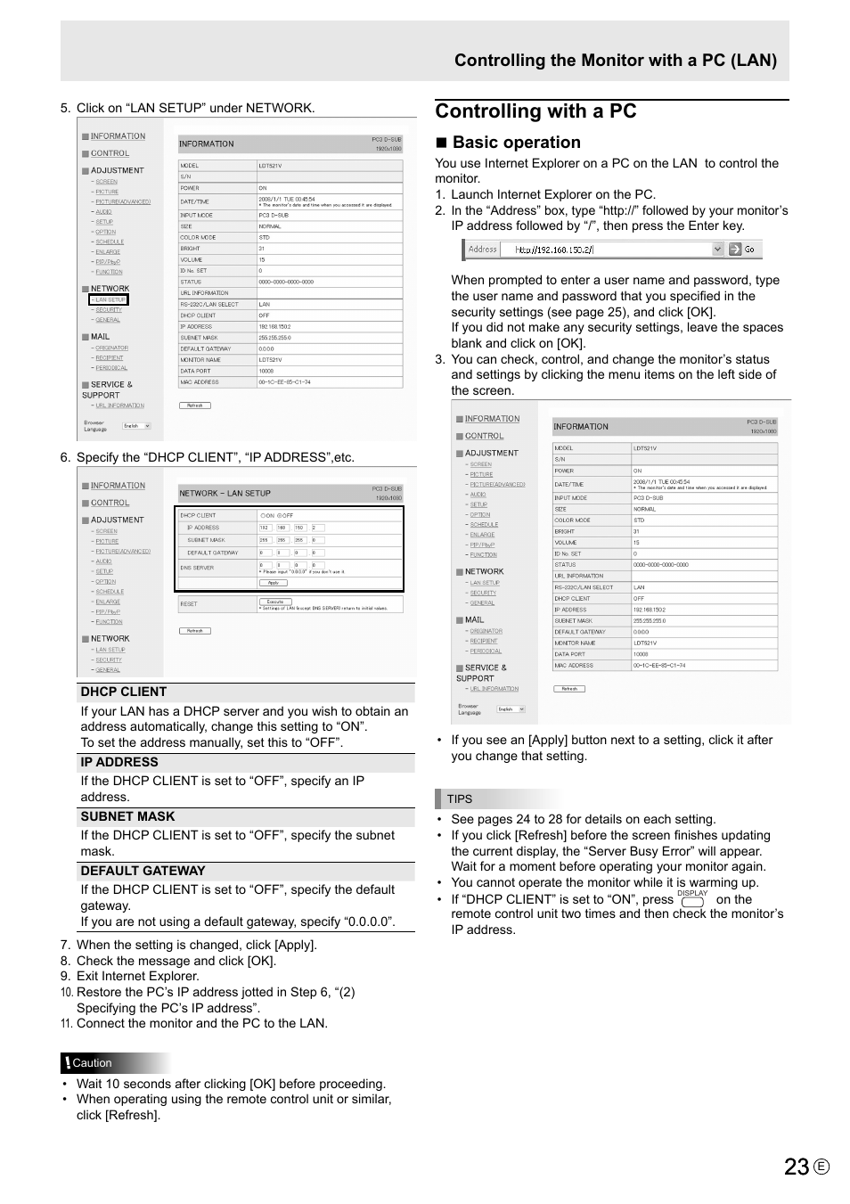 Controlling with a pc, Basic operation, Controlling the monitor with a pc (lan) | MITSUBISHI ELECTRIC LDT521V User Manual | Page 23 / 30