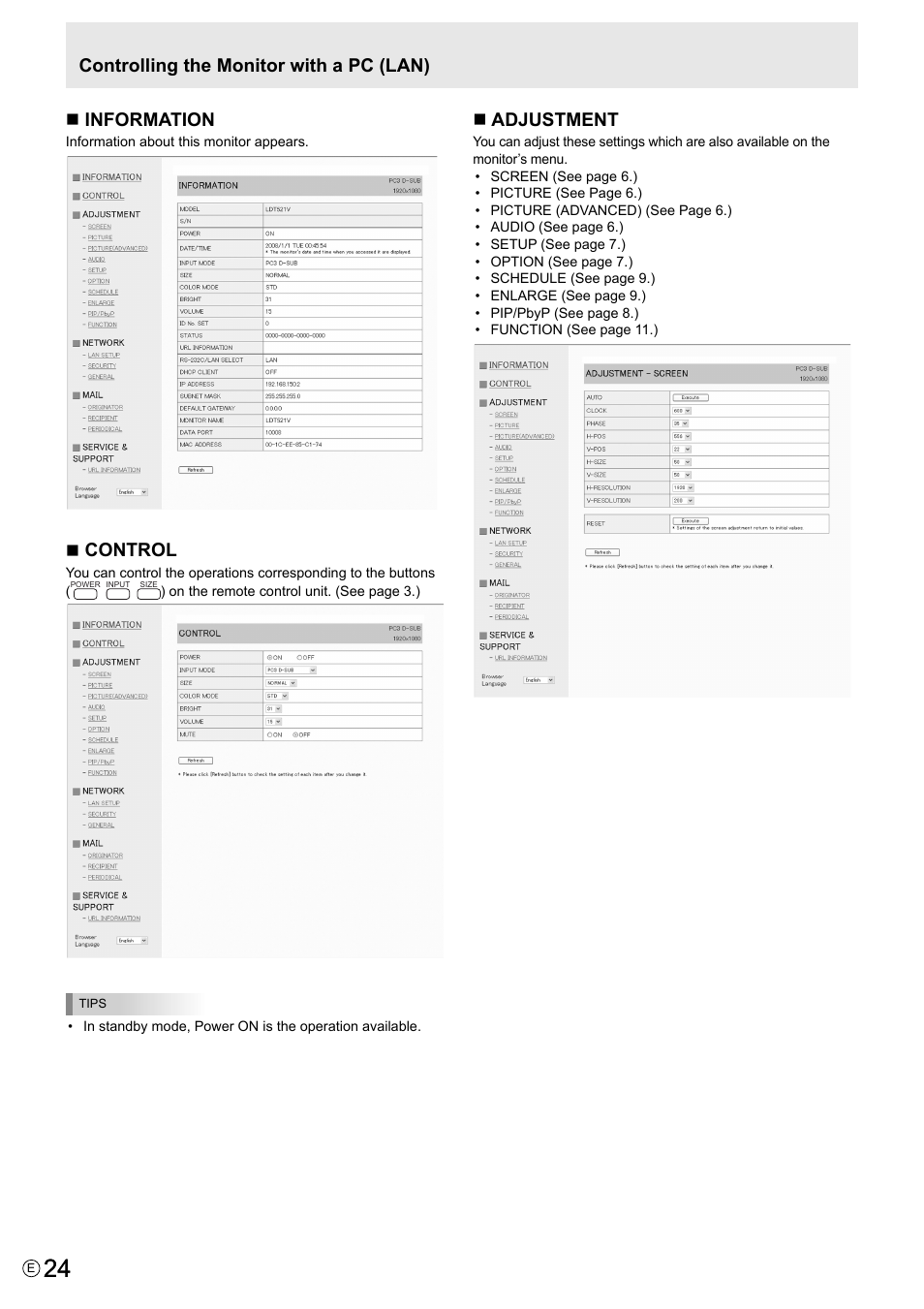 Information, Control, Adjustment | Controlling the monitor with a pc (lan) | MITSUBISHI ELECTRIC LDT521V User Manual | Page 24 / 30