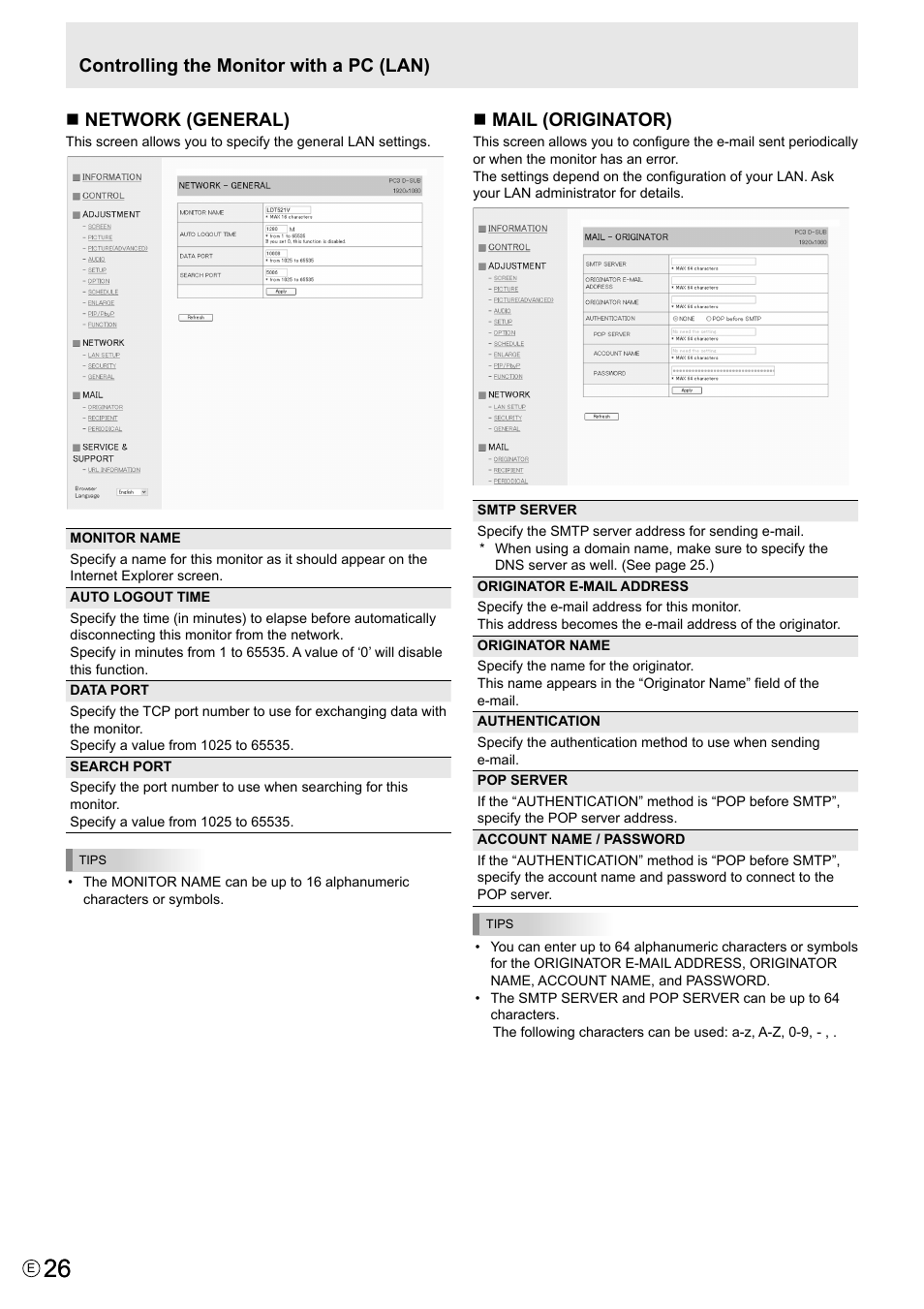 Network (general), Mail (originator), Controlling the monitor with a pc (lan) | MITSUBISHI ELECTRIC LDT521V User Manual | Page 26 / 30