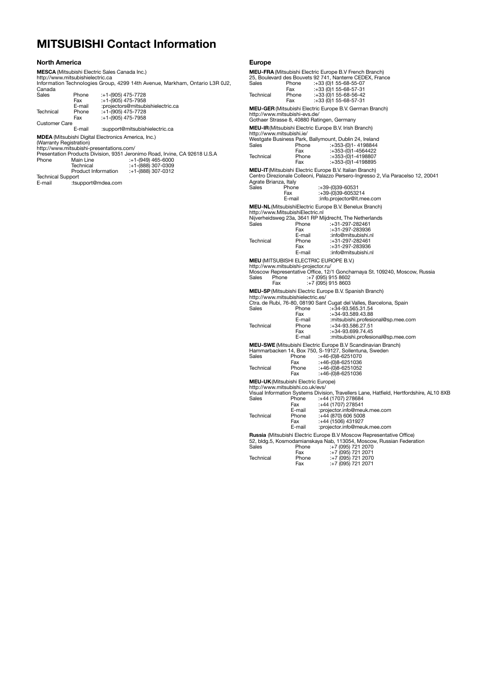 Mitsubishi contact information | MITSUBISHI ELECTRIC LDT521V User Manual | Page 30 / 30