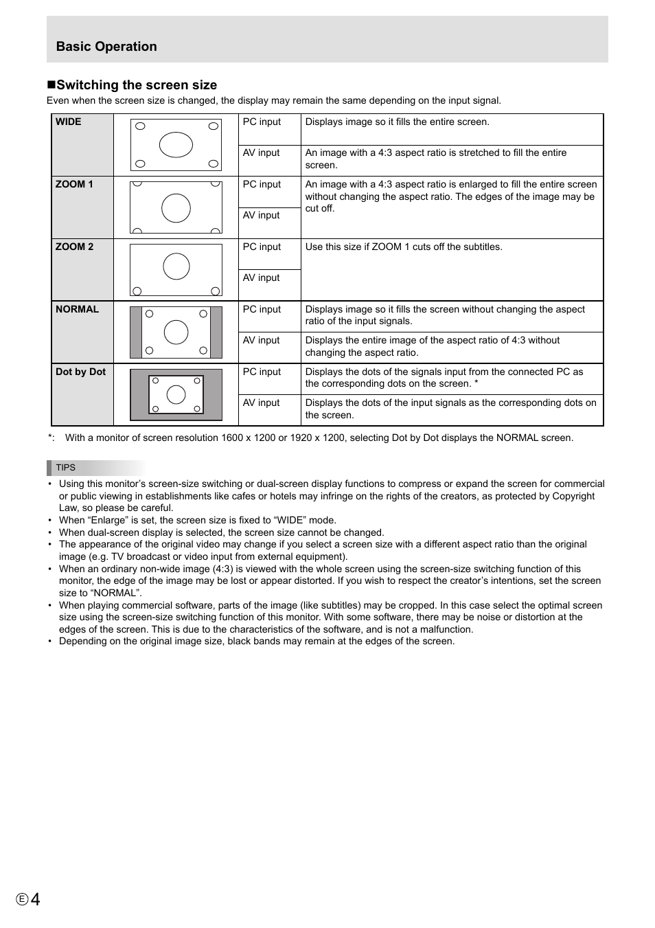 Basic operation  switching the screen size | MITSUBISHI ELECTRIC LDT521V User Manual | Page 4 / 30
