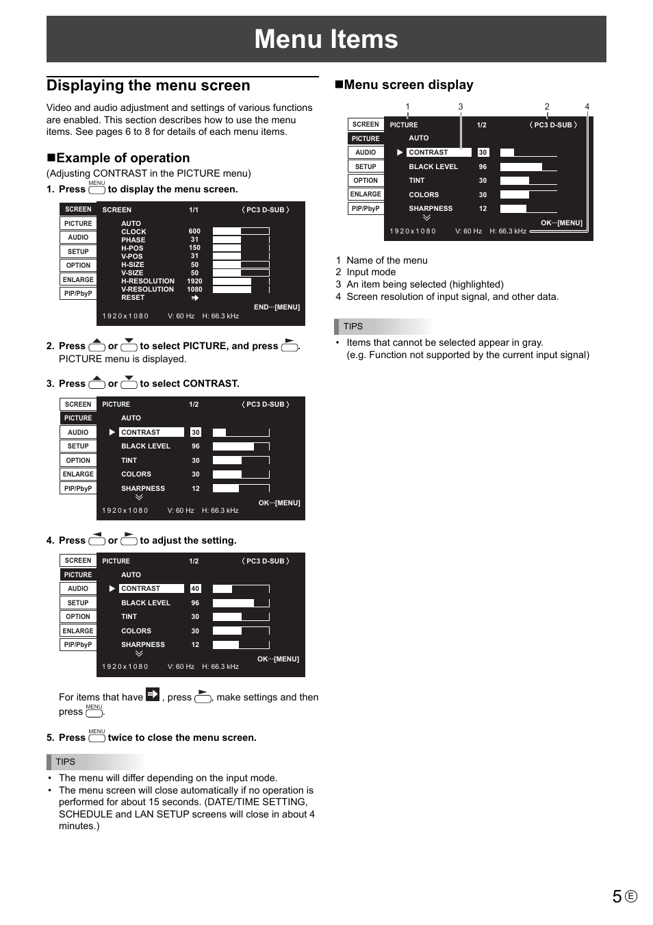 Menu items, Displaying the menu screen, Example of operation | Menu screen display | MITSUBISHI ELECTRIC LDT521V User Manual | Page 5 / 30