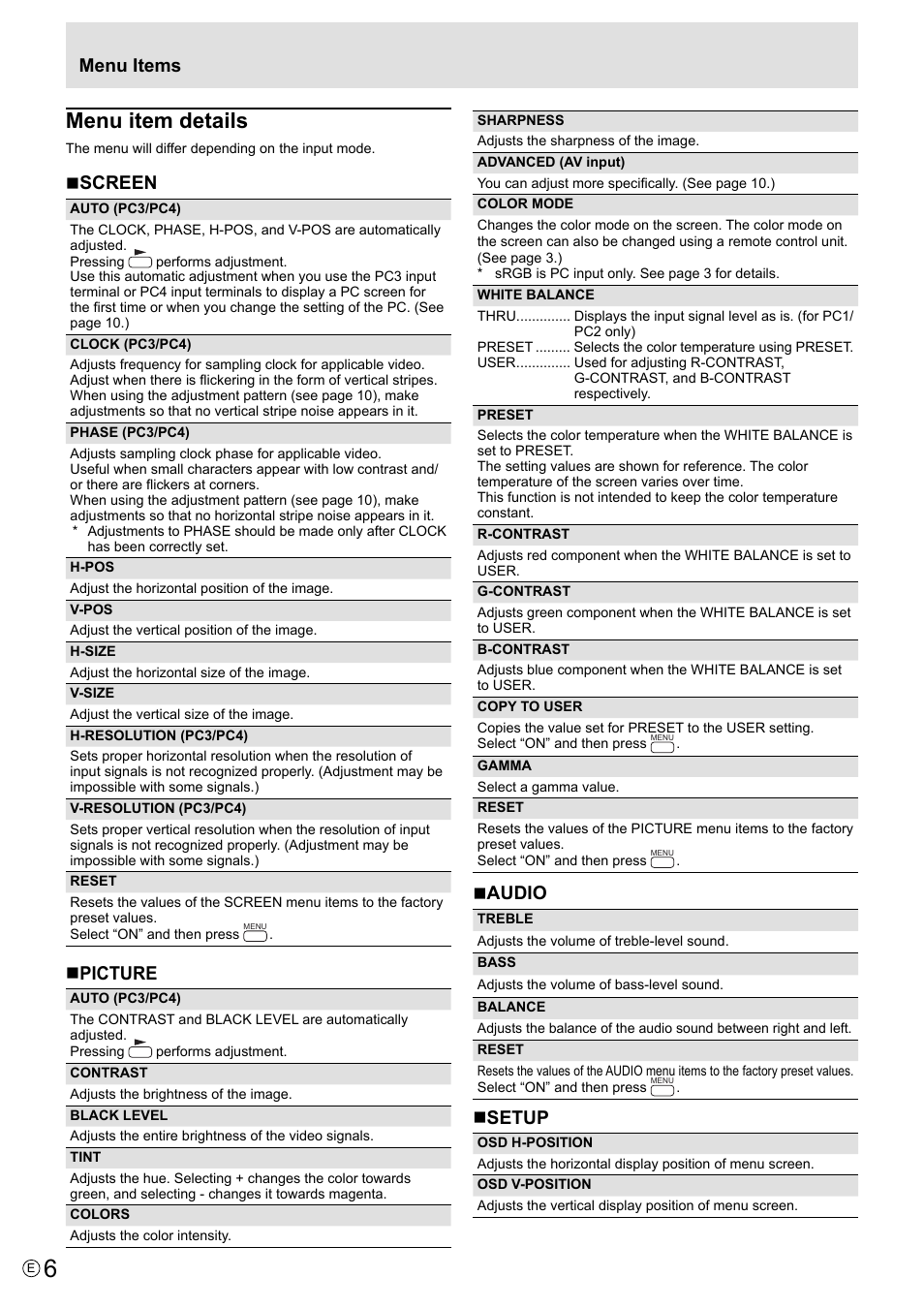 Menu item details, Screen, Picture | Audio, Setup, Menu items | MITSUBISHI ELECTRIC LDT521V User Manual | Page 6 / 30
