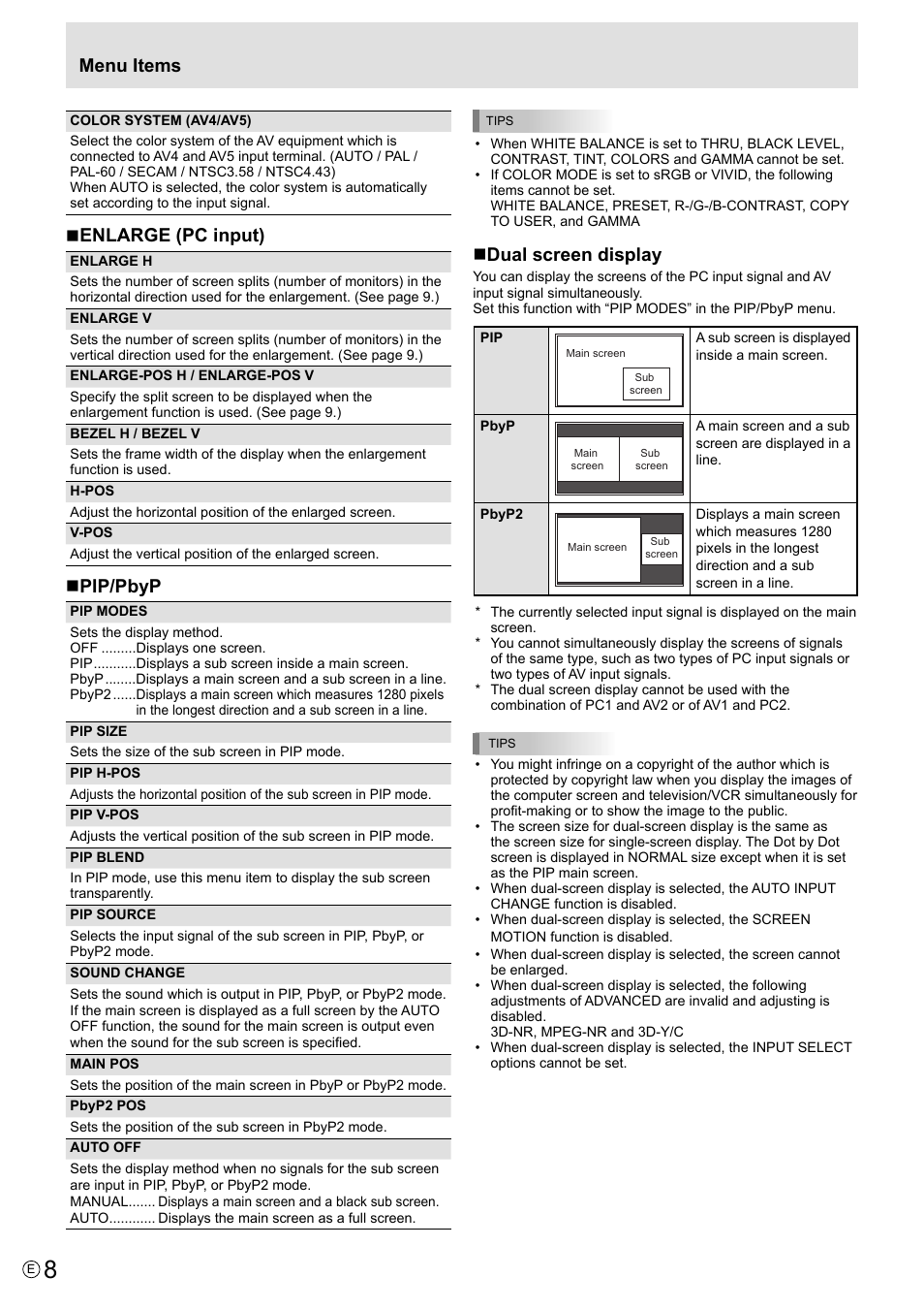 Menu items, Dual screen display, Enlarge (pc input) | Pip/pbyp | MITSUBISHI ELECTRIC LDT521V User Manual | Page 8 / 30