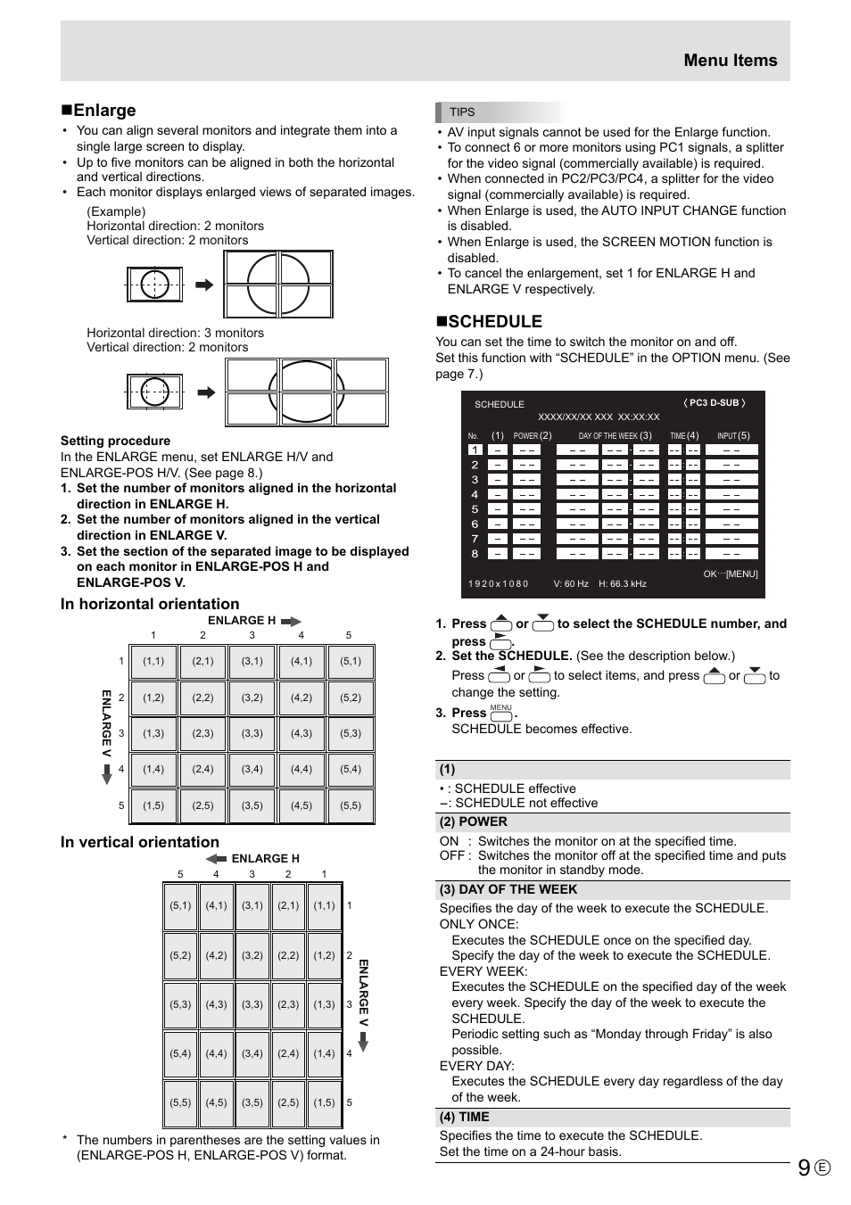 Menu items  enlarge, Schedule | MITSUBISHI ELECTRIC LDT521V User Manual | Page 9 / 30