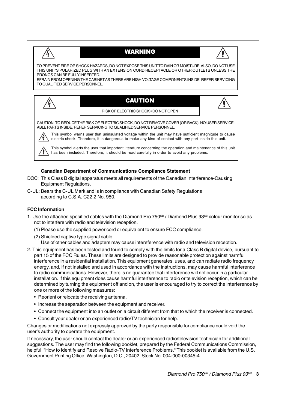 Warning, Caution, Fcc information | MITSUBISHI ELECTRIC Diamond Plus User Manual | Page 3 / 17