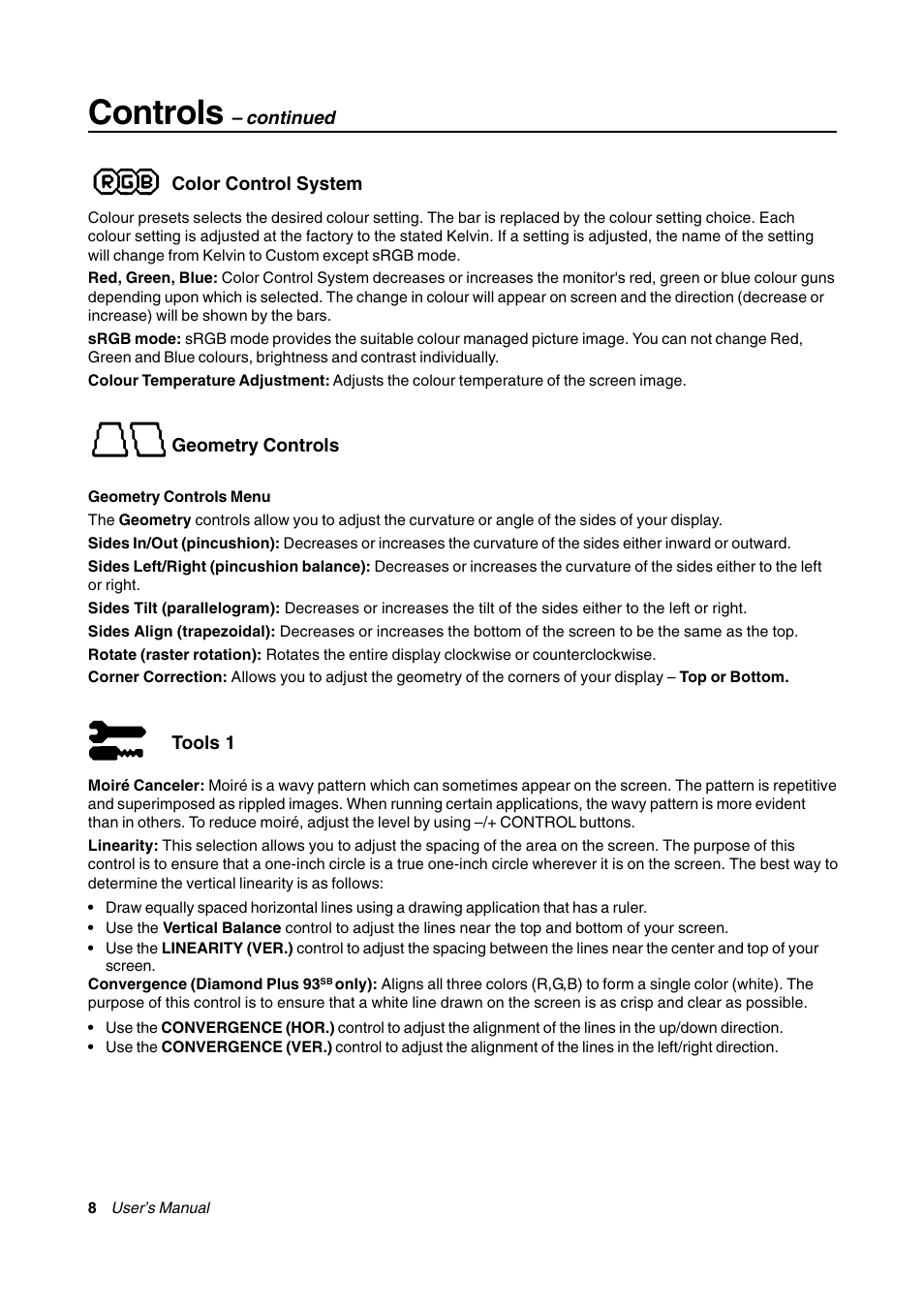 Color control system, Geometry controls, Tools 1 | Controls | MITSUBISHI ELECTRIC Diamond Plus User Manual | Page 8 / 17