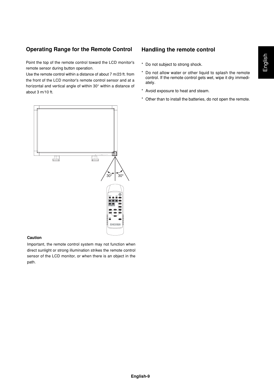 English, Handling the remote control, Operating range for the remote control | MITSUBISHI ELECTRIC LDT32IV (BH548) User Manual | Page 12 / 39