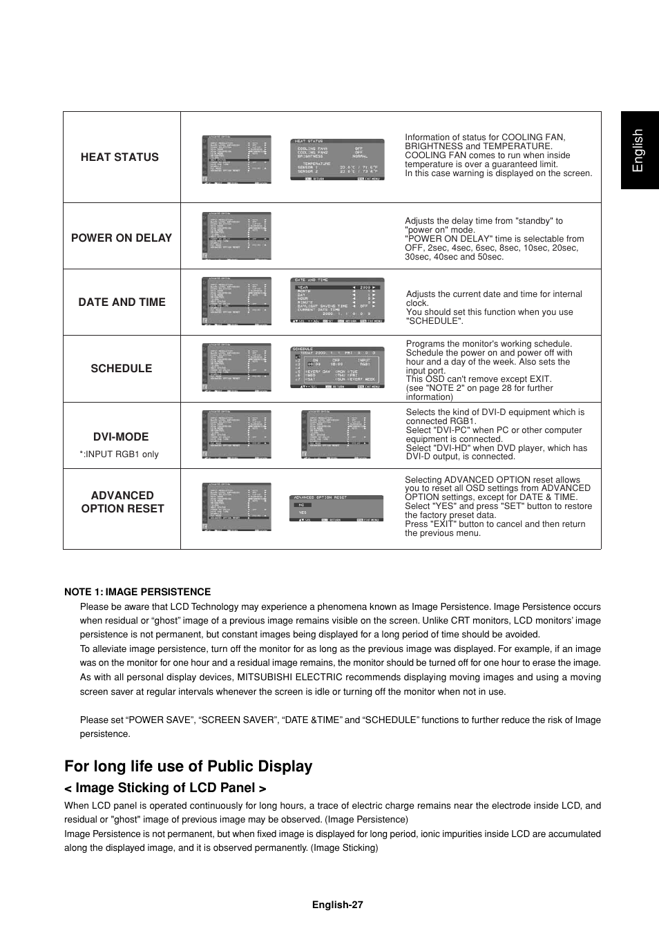 For long life use of public display, English, Image sticking of lcd panel | MITSUBISHI ELECTRIC LDT32IV (BH548) User Manual | Page 30 / 39