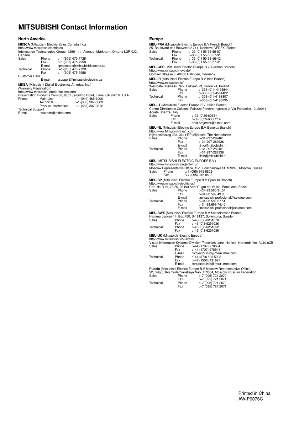 Mitsubishi contact information, Printed in china aw-p0076c | MITSUBISHI ELECTRIC LDT32IV (BH548) User Manual | Page 39 / 39