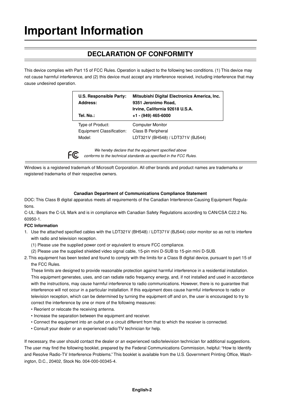 Important information, Declaration of conformity | MITSUBISHI ELECTRIC LDT32IV (BH548) User Manual | Page 5 / 39