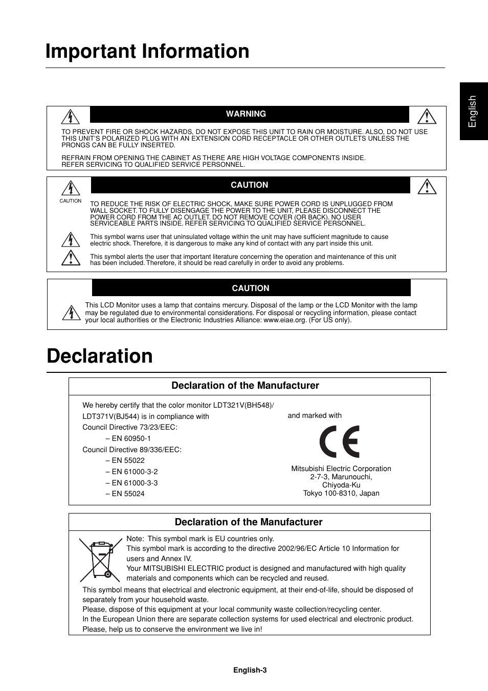 Important information, Declaration | MITSUBISHI ELECTRIC LDT32IV (BH548) User Manual | Page 6 / 39