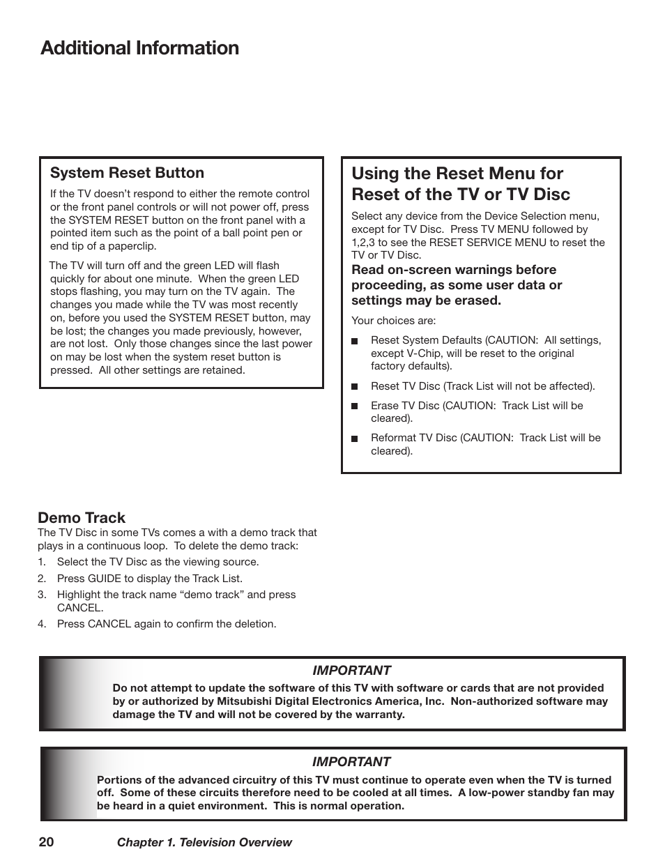 Additional information, Demo track, System reset button | MITSUBISHI ELECTRIC WD-73827 User Manual | Page 20 / 128