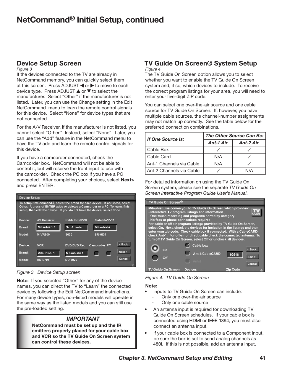 Netcommand, Initial setup, continued, Device setup screen | Tv guide on screen® system setup | MITSUBISHI ELECTRIC WD-73827 User Manual | Page 41 / 128