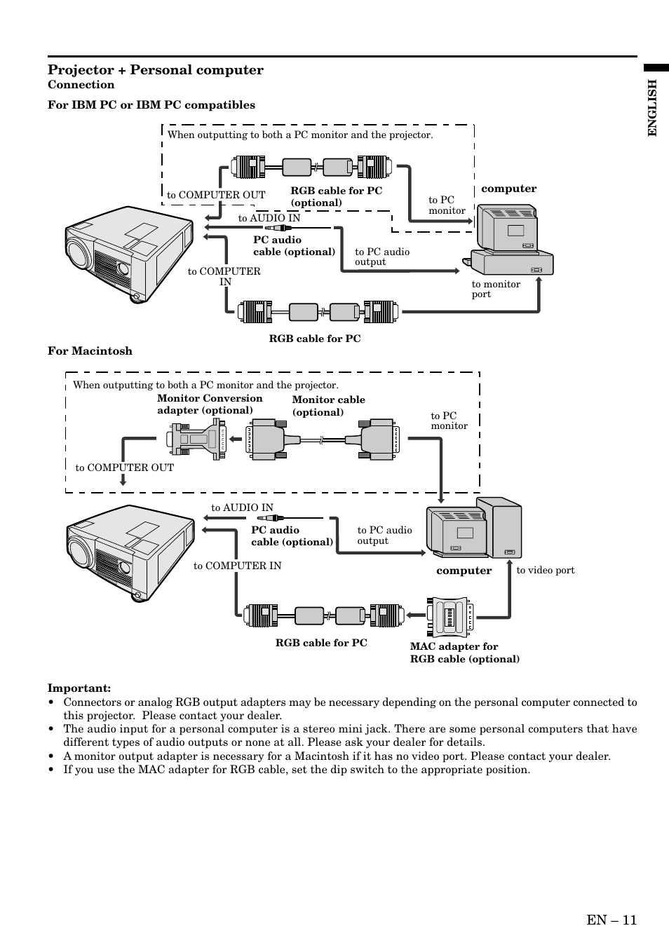 En – 11, Projector + personal computer, For macintosh | MITSUBISHI ELECTRIC LVP S290U User Manual | Page 11 / 28